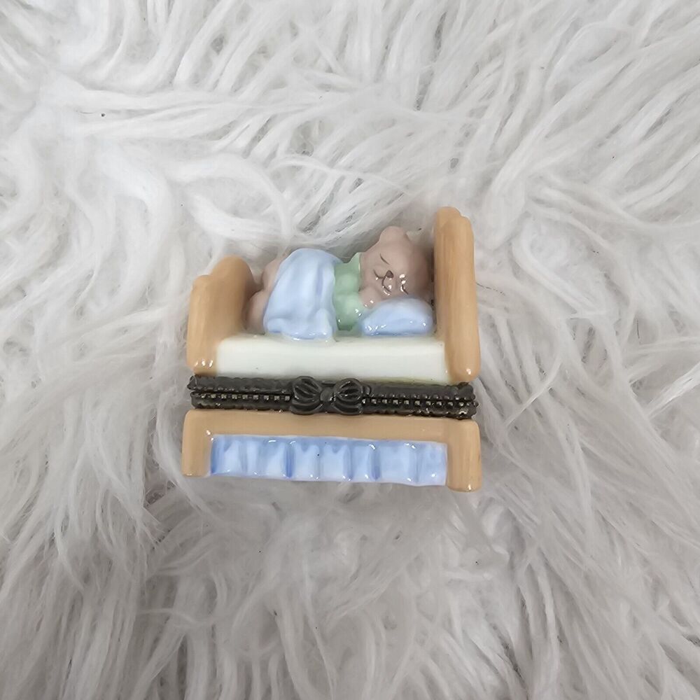 TRINKET BOX JEWELRY SMALL BEAR SLEEPING On A Bed Hinged Porcelain